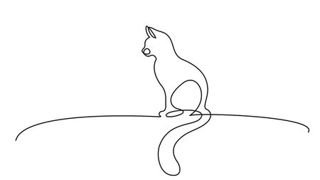 Continuous one line drawing. Cat sitting with curled tail.のイラスト素材