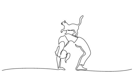 Continuous one line drawing. Woman doing a bridge pose, cat standing on her stomach.のイラスト素材