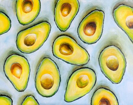 Oil painting on canvas. Half colorful Avocado pattern. Food illustrationの写真素材