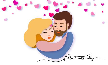 Happy Valentine Day greeting card with hugging funny couple. Vector paper art illustration. Paper cut and craft style.のイラスト素材
