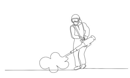 Man in hazmat suit disinfecting coronavirus. virus disinfect protection concept. 2019-nCoV pandemic. Continuous one line drawing vector illustrationのイラスト素材