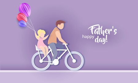Young man with his daughter riding bicycle. Happy fathers day card. Paper cut style. Vector illustrationのイラスト素材