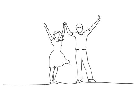 Continuous One line drawing. Happy couple standing and holding hands up together. Vector illustrationのイラスト素材
