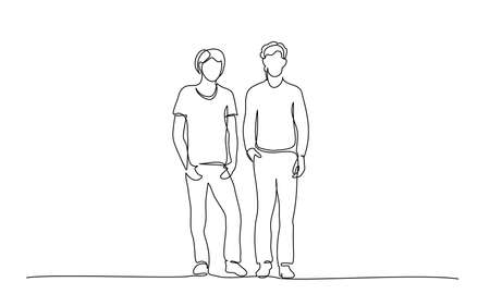 Continuous one line drawing. Group of teenager speaking. Vector illustrationのイラスト素材