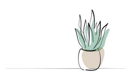 House plant in pot. Continuous one Line drawing. Isolated colored on White Background.のイラスト素材