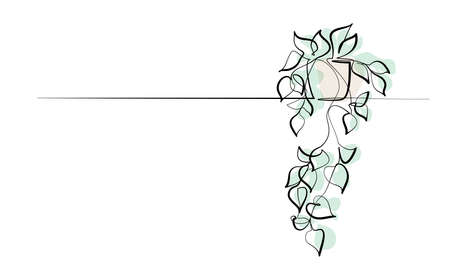 House plant in pot. Continuous one Line drawing. Isolated colored on White Background.のイラスト素材