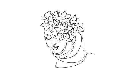 Young happy woman in hijab with flowers on her face. Continuous one line drawing. Vector illustrationのイラスト素材