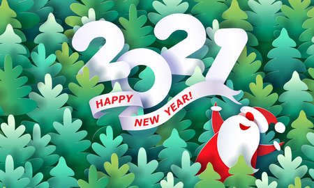 Modern paper cut banner with Santa Claus. Seamless fir-tree pattern. Happy New Year 2021 and Christmas design. Vector paper cut illustration.のイラスト素材