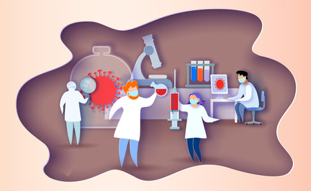 Doctor medical team professionals doing vaccine research against coronavirus COVID-19. Vector illustration. Paper cut and craft style.のイラスト素材