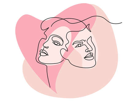 Portrait of couple man and woman in love kissing. Continuous One Line Art Drawing of two faces with...
