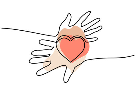 Hands woman and man holding heart. Valentines day card. Continuous one line drawing. Vector illustrationのイラスト素材