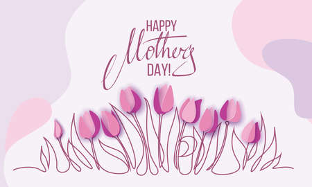 Happy Mothers Day card with one line spring tulip flowersのイラスト素材