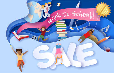 Back to school sale background . Paper cut cartoon kidsのイラスト素材
