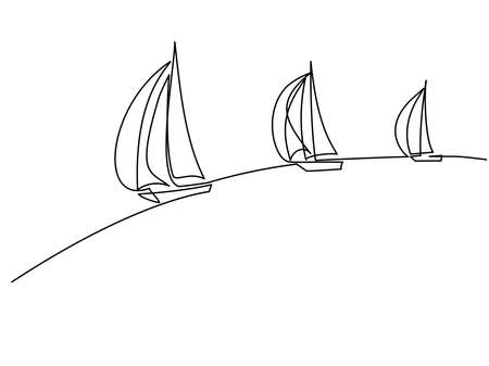 Sailboats under full sail at sea.  Continuous one line drawing.のイラスト素材