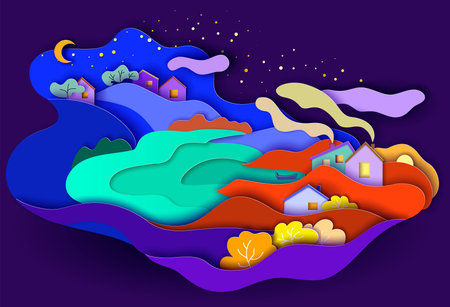 Scenic fantastic landscape with lake, village, meadows and treesのイラスト素材