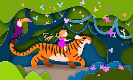 Child girl sitting on tiger walking in jungle. Concept of 2022 Chinese new yearのイラスト素材