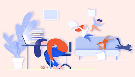Overworking tired mother sleeping on table at home while her children active play.のイラスト素材