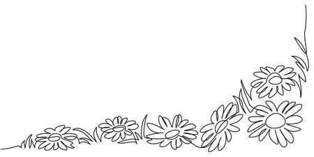 Daisy flowers field. Continuous one line art drawing style.のイラスト素材