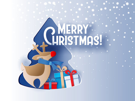 Christmas tree hole with cute deer and gift boxes. Christmas greeting card.のイラスト素材