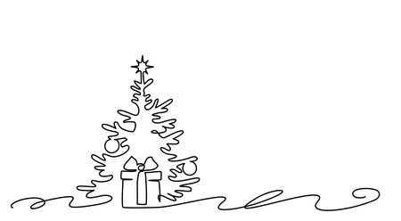 Christmas pine fir tree with gift stroke decoration. Continuous one line drawing.のイラスト素材
