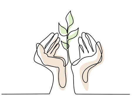 Hands keep sprout of plant. Continuous one line drawing.のイラスト素材