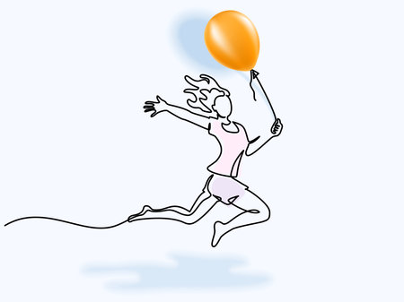 Girl jumping with colorful balloon. Continuous one line drawing art.のイラスト素材