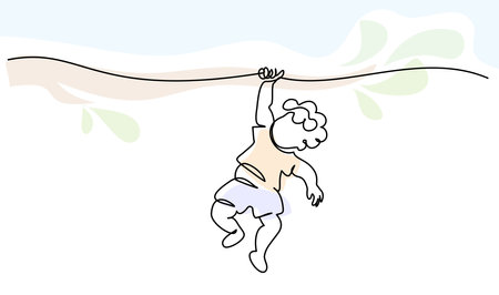 Child have fun hanging on branch. Playground. Kid weighs on rings upside downのイラスト素材