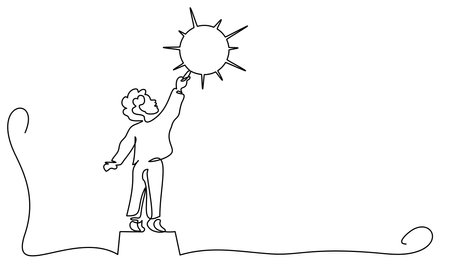 Small boy drawing sun on wall. Continuous One line drawingのイラスト素材