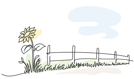 Sunflower blooming near fence. Summer countryside. Continuous one line drawing.のイラスト素材