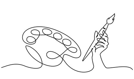 Artists hand holds brush and palette with paints nearby. Concept of artists creativity.のイラスト素材