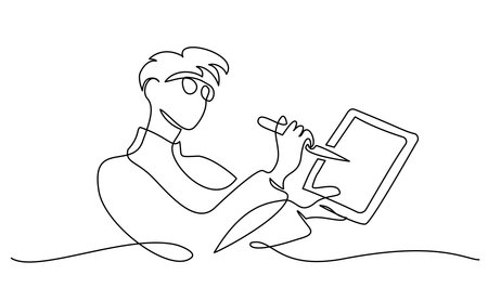 Concept of freelance graphic designer, illustrator, artist, cartoonist. Boy drawing cartoon using tablet and create artのイラスト素材