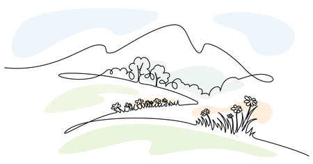 Landscape with flowers trees and mountains. Single one line drawingのイラスト素材