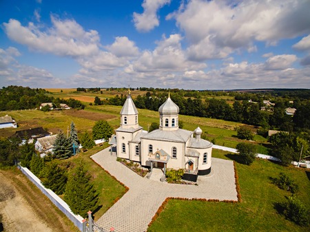 Orthodox church in the Ukrainian village. Aerial view.の写真素材