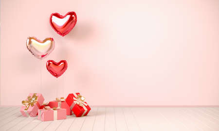 Interior in beige tones with gifts and heart-shaped balloons. Valentines day, 3D rendering illustration.の写真素材