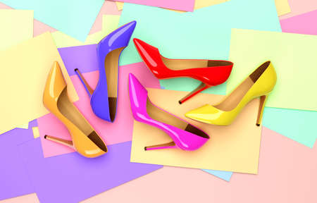 Bright colored womens shoes on a solid background. 3D rendering illustration.の写真素材