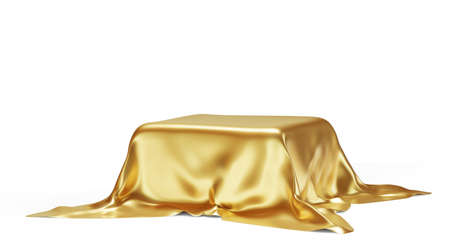 An empty pedestal covered with a golden cloth. 3D rendering illustration.の写真素材
