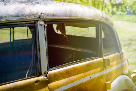 Vintage rusty passenger car in the park.の写真素材