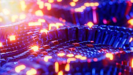 Wave structure of blue cubes with glare and radiance. 3D rendering illustration.