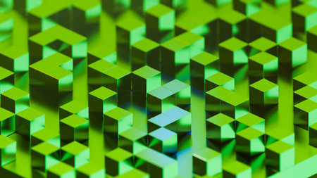 Green metal cubes on the surface. 3D rendering illustration.の写真素材