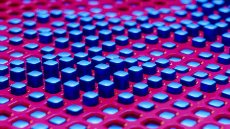 Blue buttons arranged in rows on a red surface. 3D rendering illustrationの写真素材