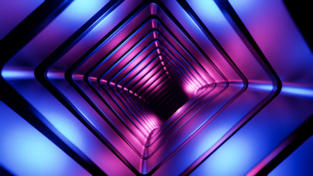 Flying in a square-shaped tunnel. 3D rendering illustration.