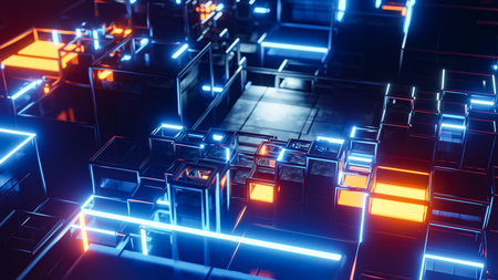 Sci-fi city has glowing neons and a bright window. 3D rendering illustrationの写真素材