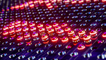 Luminous red spheres moving in waves. 3D rendering illustrationの写真素材