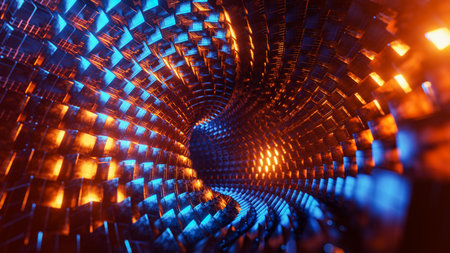 Flying through a tunnel of blue and orange metal cubes. 3D rendering illustration.の写真素材