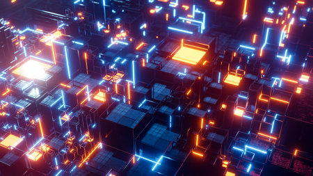 Sci-fi city has glowing neons and a bright window. 3D rendering illustration