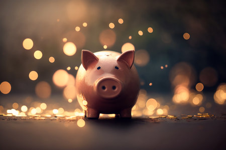 piggy bank sitting on top of table. Generative AI.の素材