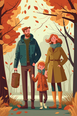 Man, woman and child standing in the woods. Generative AI.の素材