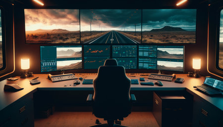 Computer desk with multiple monitors and view of the road. Generative AI.の素材