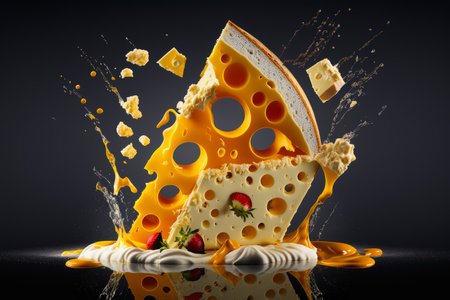 Piece of cheese is being splashed into the air. Generative AI.の素材