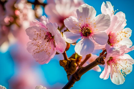 Cherry blossoms on tree against blue sky. Generative AI.の素材